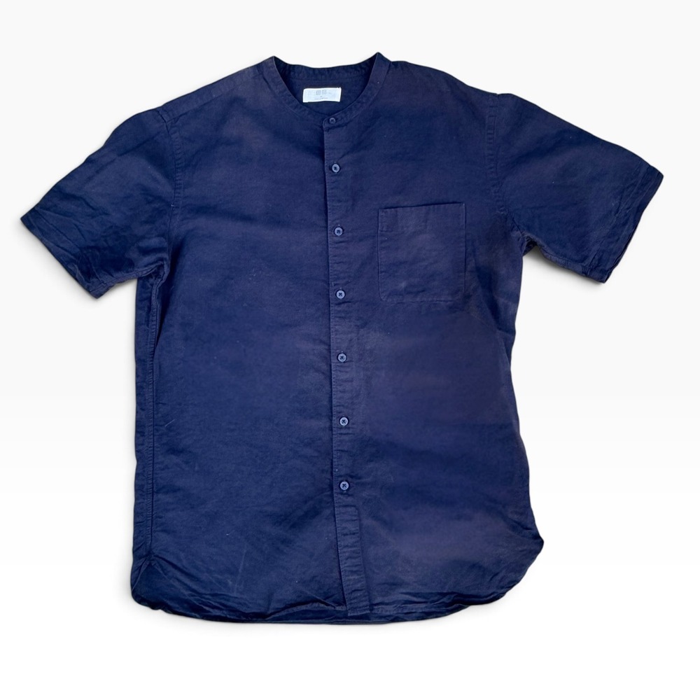 Uniqlo Mens XL Black Linen Cotton Blend Band Collar Short Sleeve Shirt